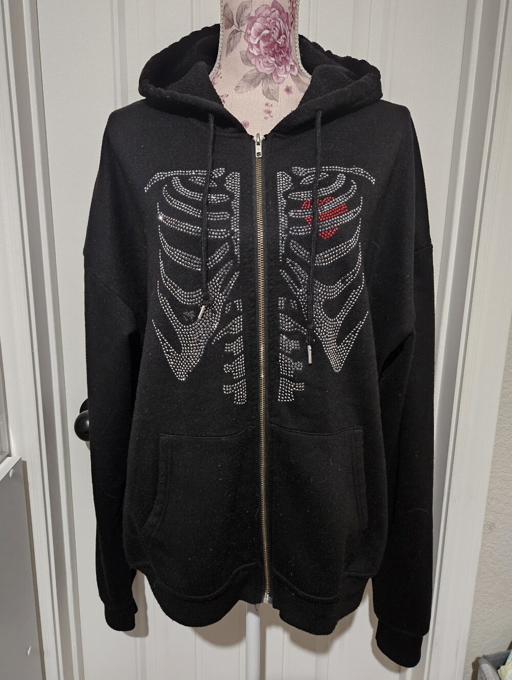 Black Rhinestone Skeleton Zip-Up Hoodie